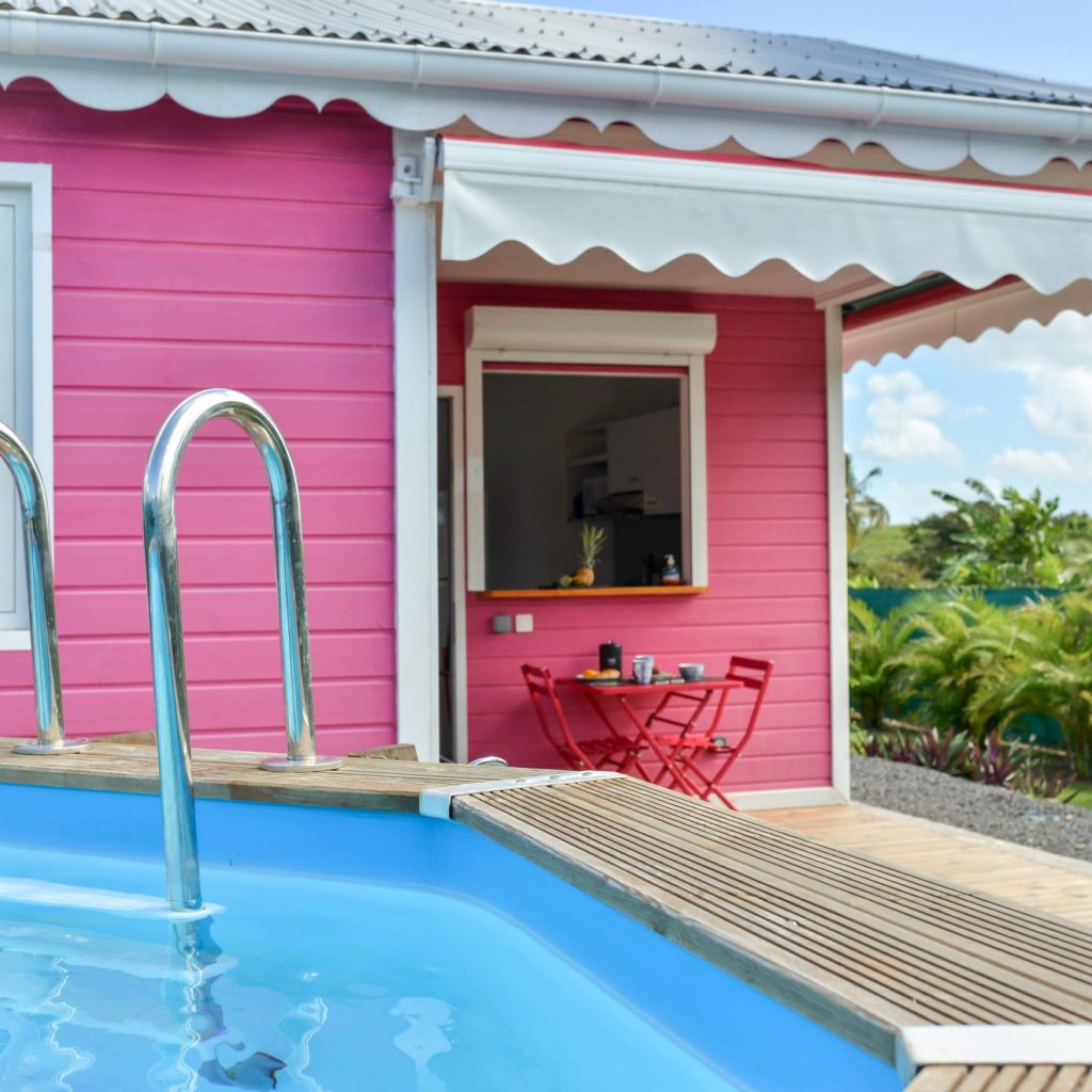 View of the pink bungalow's Terrace from the swimming pool